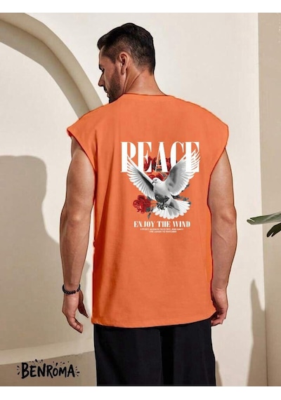 Peace Enjoy The Wind Güvercin Baskılı Kolsuz Tişört Turuncu