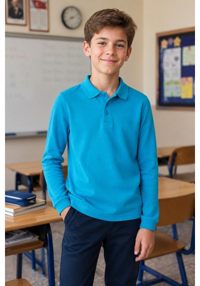 Beniizle Unisex Çocuk Uzun Kollu Polo Yaka Okul Tişört Turkuaz