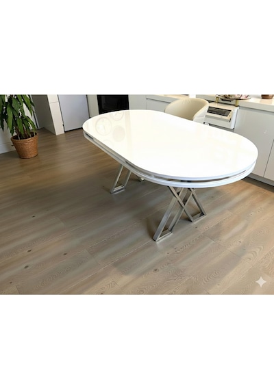Msy Home Beyaz Krom Detaylı Lake Panel 90 170 Cm Oval Masa Beyaz
