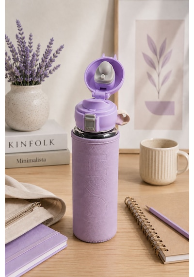 H2o Pastel Renk Kılıflı Kilit Kapaklı 500 Ml Cam Matara Sızdırmaz Ofis Ve Spor İçin Koruyucu Kılıflı Cam Suluk Mor