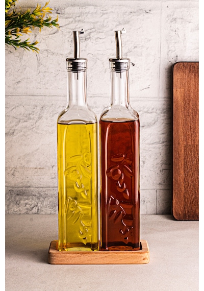 Snippy Safir - 2'li Ahşap Standlı Cam Zeytinyağı Sıvıyağ Şişesi Yağdanlık Damlatmaz Yağlık Sirkelik Soft 500ml Ahşap