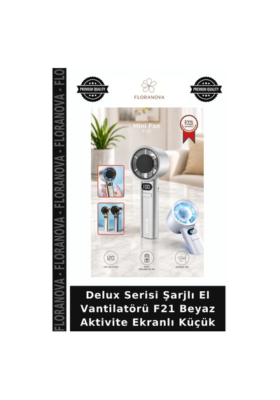 Delux Serisi Şarjlı El Vantilatörü F21 Beyaz Aktivite Ekranlı Küçük