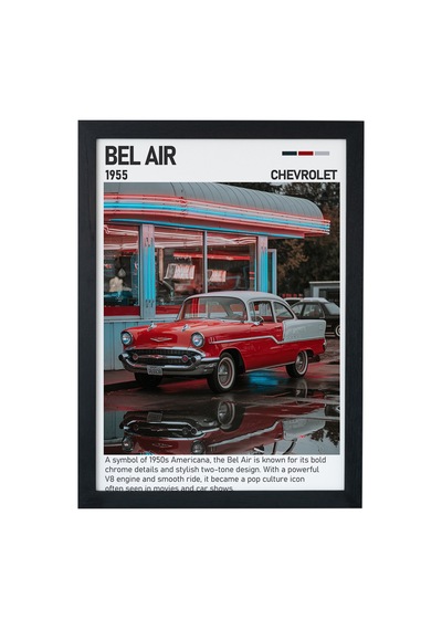 Chevrolet Bel Air Ahşap Çerçeveli Poster Tablo Klasik Amerikan Tasarım Siyah