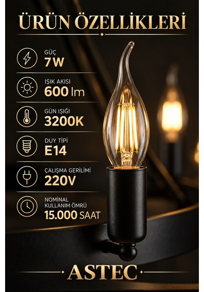 Astec E14 Filament Buji Ampul 7 Watt 3200k Gün Işığı Dekoratif Filament Led