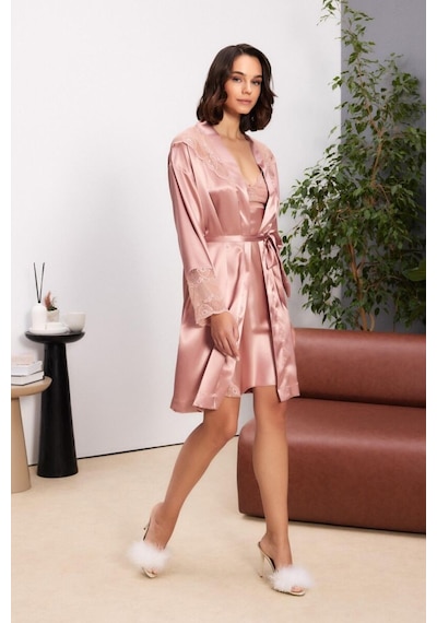 Pierre Cardin Brandy Saten Dantelli Kadın Gecelik Sabahlık Takımı 4510 Brandy