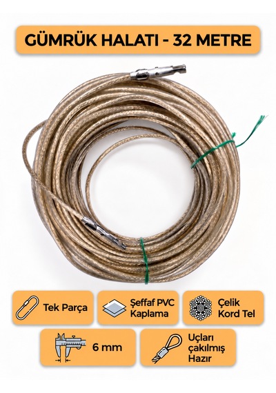 Tır Dorse Kamyon Konteyner Gümrük Halatı Galvanizli Çelik Tel 32 Metre 6mm
