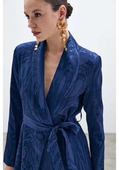 Sateen Kuşaklı Desenli Uzun Ceket - Lacivert-135677 Lacivert