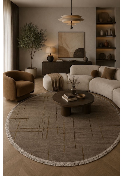 Lotus Bambu Model Altı Kaymaz Yuvarlak Makine Dokuma Halı Vizon Çok Renkli