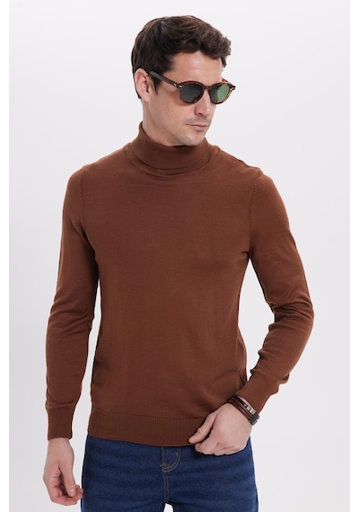 Tudors Slim Fit Tam Boğazlı Yaka Düz Yün Kahverengi Erkek Triko Kazak-39415 Kahverengi