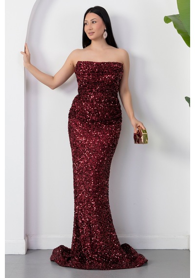 Kalopya Straplez Yaka Pulpayet Abiye Elbise Drp6877 Bordo