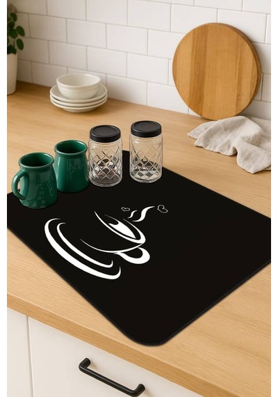 Siyah Mutfak Temalı Microfiber Bulaşık Kurutma Matı Mm008n11