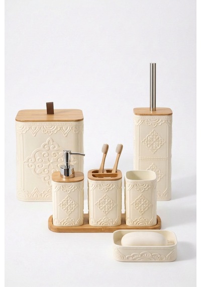 Makri Home Desenli 7 Parça Bambu Kapaklı Ve Aksesuarlı Banyo Seti Gri