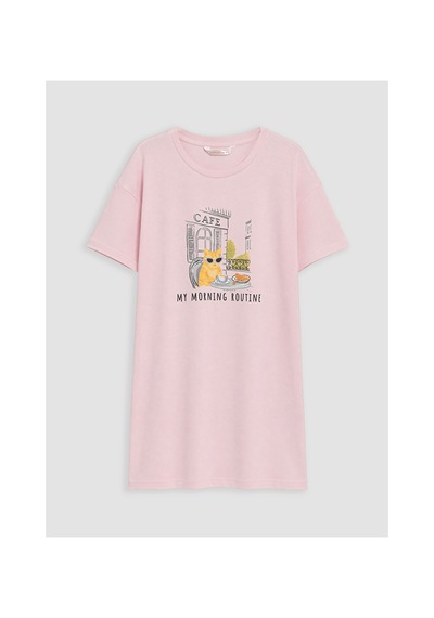Lcw Dream Pembe Bisiklet Yaka Kedi Baskılı Kadın Gecelik