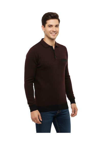 Çizgi Erkek Polo Yaka Kazak Cepli Çelik Örgü Klasik Kalıp 5208f Bgl-st04963 Bordo