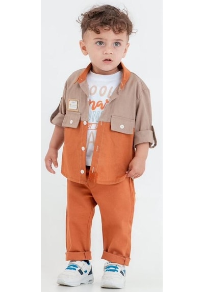 Mnk Baby & Kids Cepli Gömlek , Pantolon , T-shirt 3parça Erkek Bebek Takım Mnk31103 Kiremit