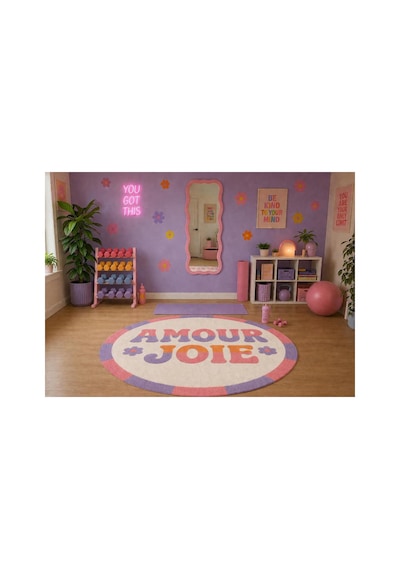 "aura" Serisi - Amour Joie Yazılı Retro Yuvarlak Krem Mor Pastel Dokuma Taban Dekoratif Halı Aura26 Çok Renkli