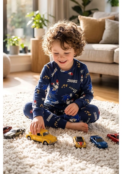 Zuzunga The Hedgehog Super Sonic Desenli %100 Pamuk Çocuk Pijama Takımı Lacivert