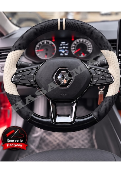 Renault Taliant Dikme Direksiyon Kılıfı Delikli Deri Parlak Siyah Bej Detay Çift Yüzük Ve Dikiş 2021-2024