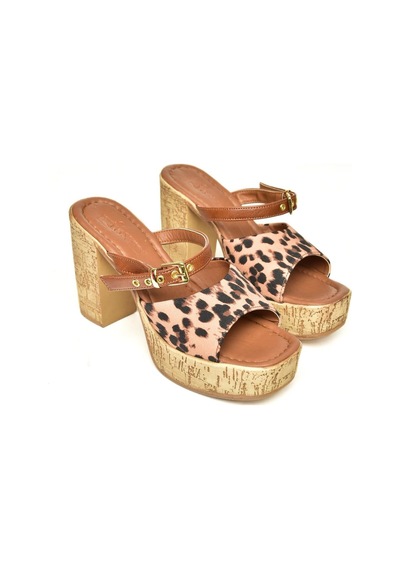 Fox Shoes U996254404 Taba Leopar Desenli Kalın Topuklu Kadın Ayakkabı Taba