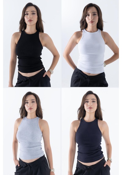 Mmetalic Fitilli Regular Fit Normal Kalıp Siyah-beyaz-gri-lacivert Bisiklet Yaka Sıfır Kol Pamuklu 4'lü Kadın Atlet Çok Renkli