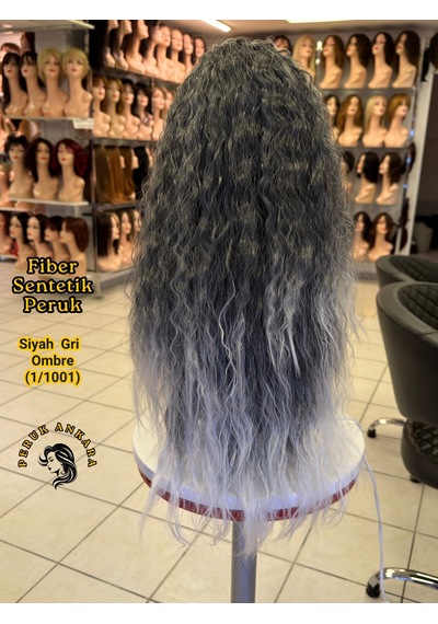 Afro Dalgası Peruk Fiber Sentetik Siyah Gri Ombre