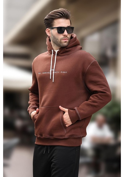 Madmext Acı Kahverengi Kapüşonlu Nakış Detaylı Cepli Erkek Sweatshirt 7066-acı Kahverengi Acı Kahverengi
