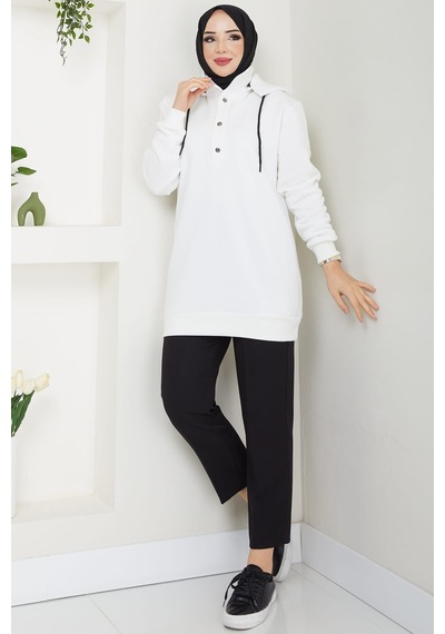 Esilanur Çıkarılabilir Kapüşonlu 3 İplik Şardonlu Sweatshirt Beyaz