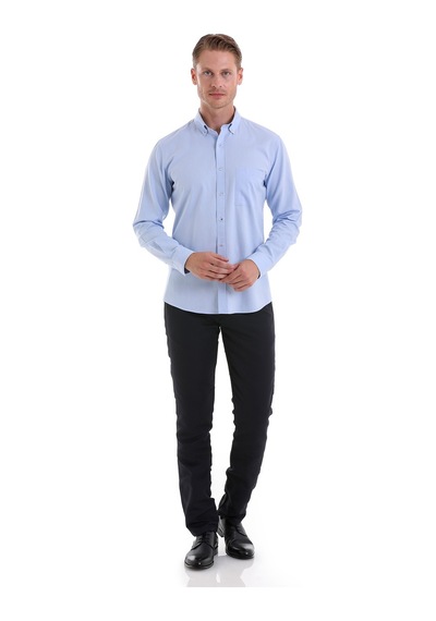 Hatemoğlu Mavi Comfort Fit Düz 100% Pamuk Düğmeli Yaka Uzun Kollu Casual Ox Mavi