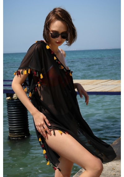 Modi Moda Çizgi Kadın İşlemeli Tunik Pareo Plaj Elbisesi Siyah 38045