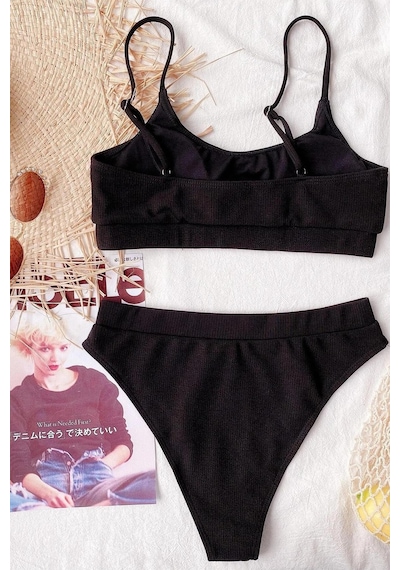 Angelsin Yüksek Bel Fitilli Kumaş Bikini Altı Siyah