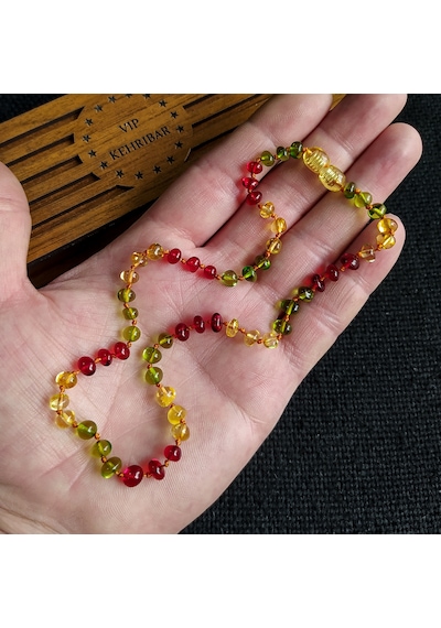 Sertifikalı Yeşil Kırmızı Bal 32 cm Kız Erkek Bebek Diş Kolyesi Gümüş