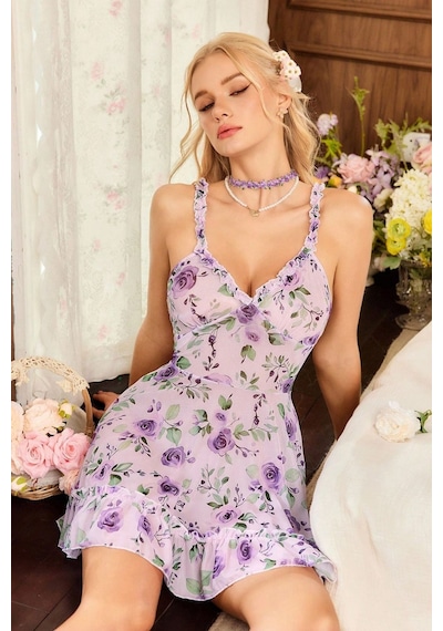 Bella Notte Romantik Lila Askılı Desenli Tanga Ve Gecelik Mor