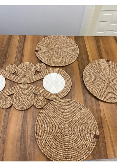 Senza Atelier Lüks Jüt Masa Sunum Seti Dairesel Motifli Runner, 6 Lı Supla Ve Sepet Seti Hasır