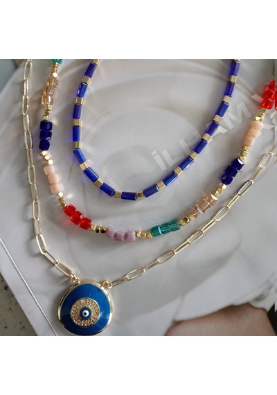 Lente Aksesuar Gold Kaplama Çoklu Renkli Kristal Boncuklu Nazar Kolye Detaylı Kolye Seti Çok Renkli