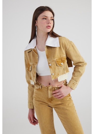 Holly Lolly Mermer Desenli Çıkarılabilir Yaka Detaylı Crop Kesim Cepli Rusted Jean Ceket Camel