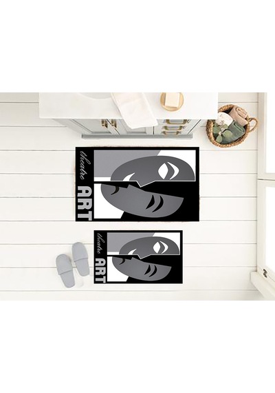 Yüz Desen Banyo Paspası, Kaymaz Taban, Yıkanabilir Klozet Takımı, Gri