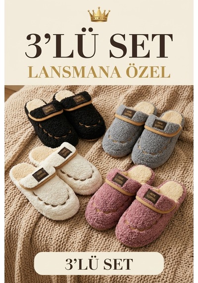 Stwenn 3 Lü Avantajlı Paket Kışlık Peluş Desenli Sessiz Ortopedik Taban Çeyiz Misafir Ev Terliği Set 3 Lü Linda
