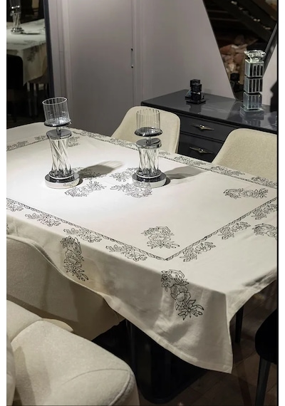 Doğal Pamuk Keten Dikdörtgen Masa Örtüsü 160x200 Cm El Baskılı