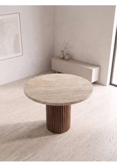 Lunera Traverten Yuvarlak Yemek Masası 120x120 Ceviz