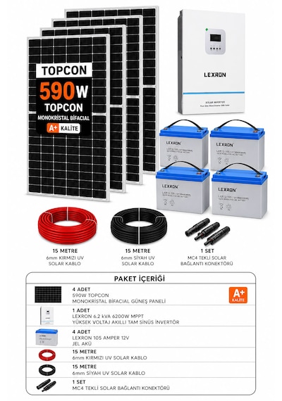 Lexron 6.2 Kva 6200w Mppt + 4x590w Güneş Paneli + 4x105ah Jel Akü Solar Enerji Paketi