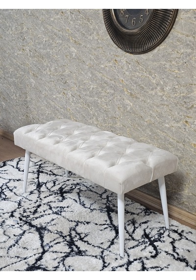 Zafir Beyaz Boyalı Sivriltme Ayaklı 90 Cm Puf Bench - Puf - Bench - Kasalı Oturak - Oturak - Yatak Ucu Puf Krem