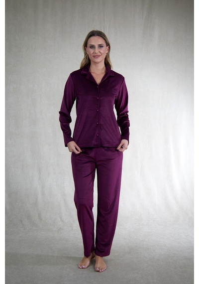 Estiva Kadın Önden Düğmeli Kadife Pijama Takımı MÜRDÜM