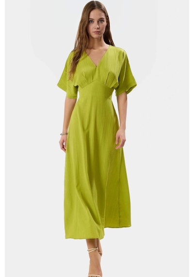 Ersefa Dokuma Polyester Maxi Elbise A Kesim V Yaka Rahat Yazlık Günlük K Yeşil