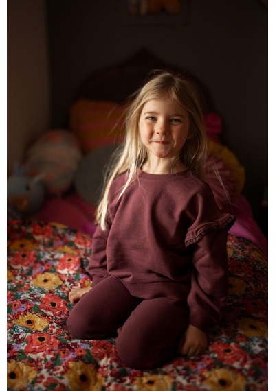 Antebies Organik Gots Sertifikalı Bordo, Dantel Detaylı, Uzun Kollu Ribanalı Kız Çocuk Sweatshirtü