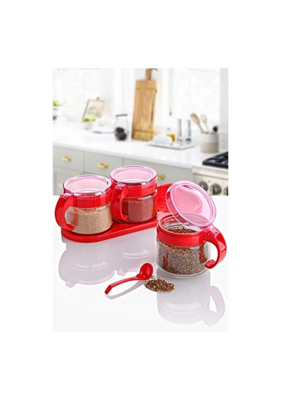 Cam Baharatlık 3 Lü Set 300ml Kaşıklı Kırmızı Kırmızı