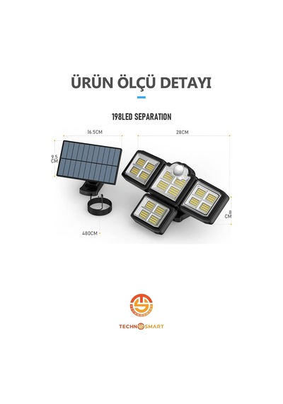 Technosmart Solar Güneş Enerjili 198 Ledli Kumandalı Hareket Sensörlü Bahçe Aydınlatma Sokak Lambası Çok Renkli