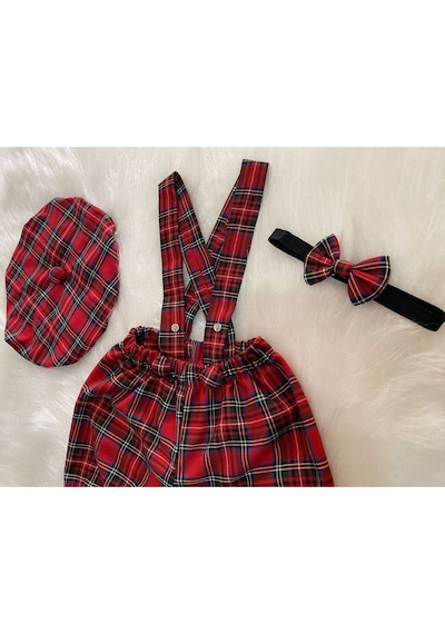Eylülce Butik Kırmızı Ekoseli Çocuk Askılı Şort Salopet & Ressam Şapkası & Papyon Takım-