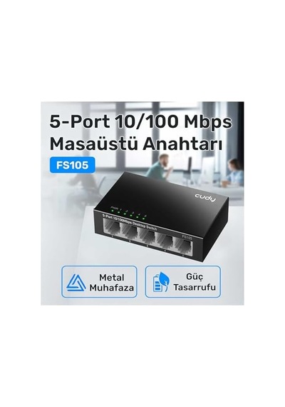 Cudy Fs105 5-port 10/100mbps Metal Kasa Masaüstü Switch, Tak Ve Çalıştır, Duvara Monte Edilebilir Ta