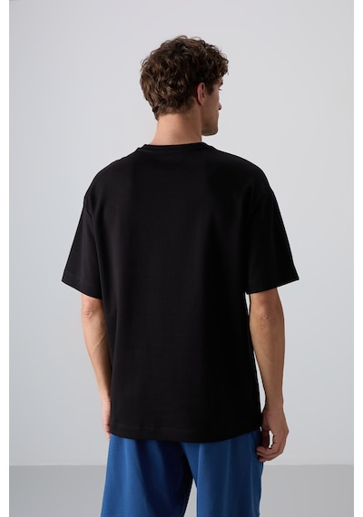 Tommy Life Siyah - Beyaz Pamuklu Kalın Yumuşak Dokulu Oversize Fit Baskılı Erkek T-shirt - 88324 Siyah - Beyaz