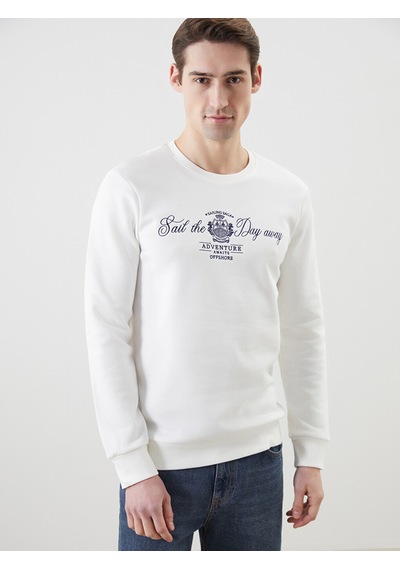 Lcwaıkıkı Classic Beyaz Bisiklet Yaka Baskılı Erkek Kalın Sweatshirt